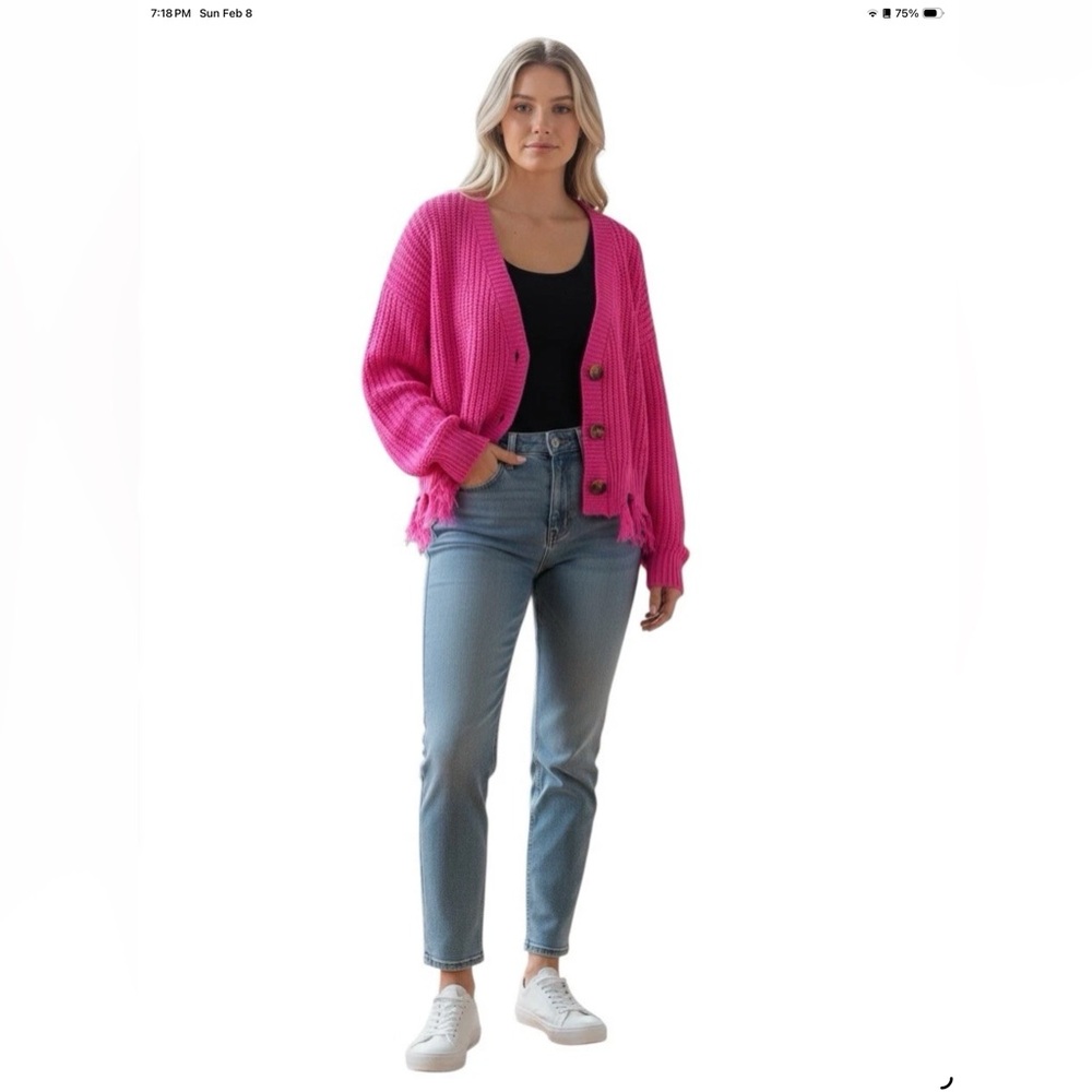 Polly & Esther Pink Fringe Cardigan XL Chunky Knit Button Front Cropped